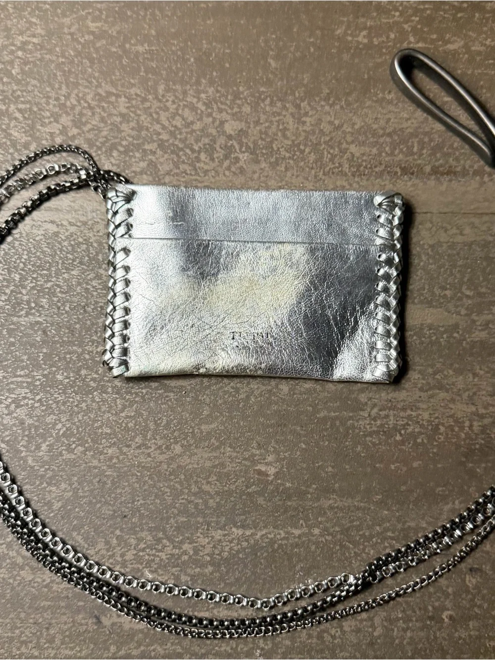 Elliott James Silver Metallic Leather Triple Chain Biker Card Case Wallet